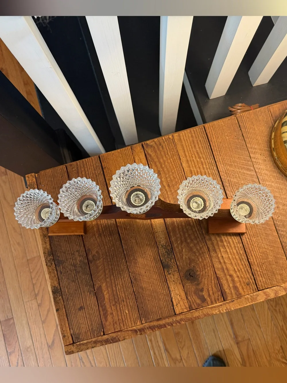Vintage BOHO Farmhouse Wooden Heart Candle Holder with Cut Glass Votives